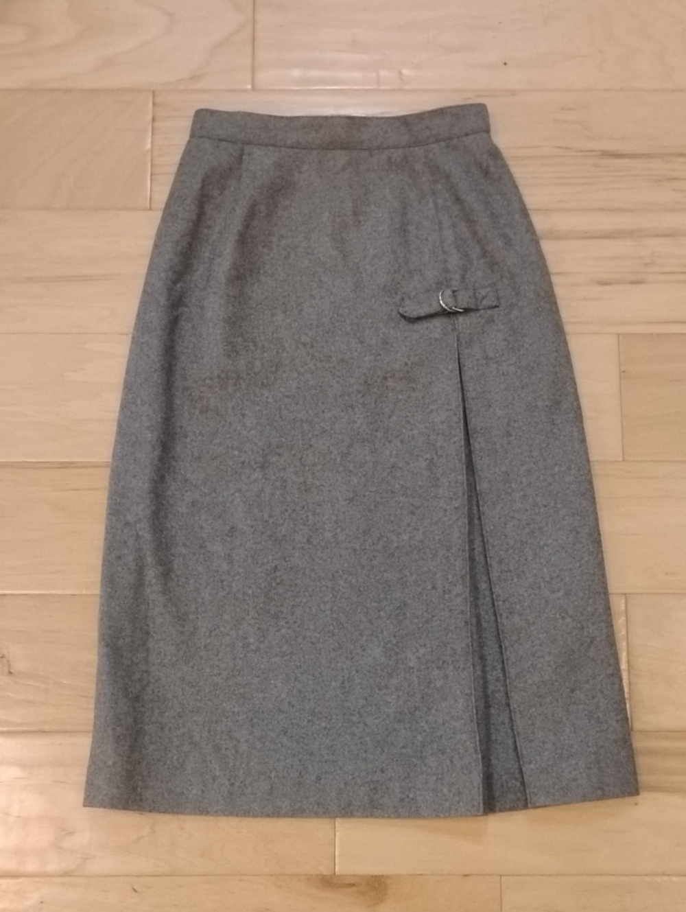 Vintage Grey Wool Pencil Skirt with Side Pleat and Buckle